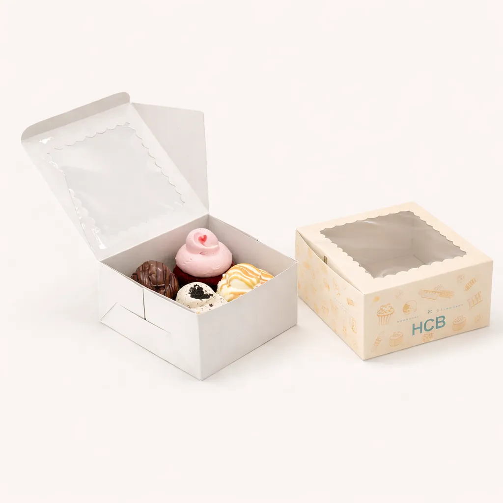 Two open vertical cardboard boxes, one plain white and one with vibrant teal wave-themed printing. class=